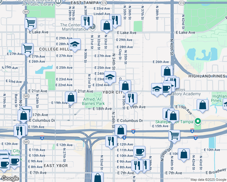 map of restaurants, bars, coffee shops, grocery stores, and more near East 21st Avenue in Tampa