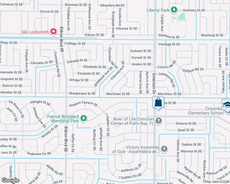 map of restaurants, bars, coffee shops, grocery stores, and more near 661 Merrimac Street Southeast in Palm Bay