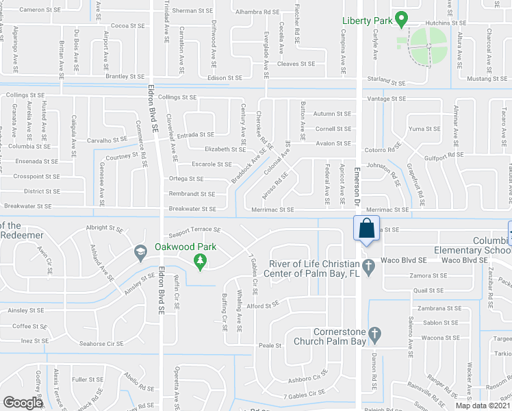 map of restaurants, bars, coffee shops, grocery stores, and more near 631 Merrimac Street Southeast in Palm Bay
