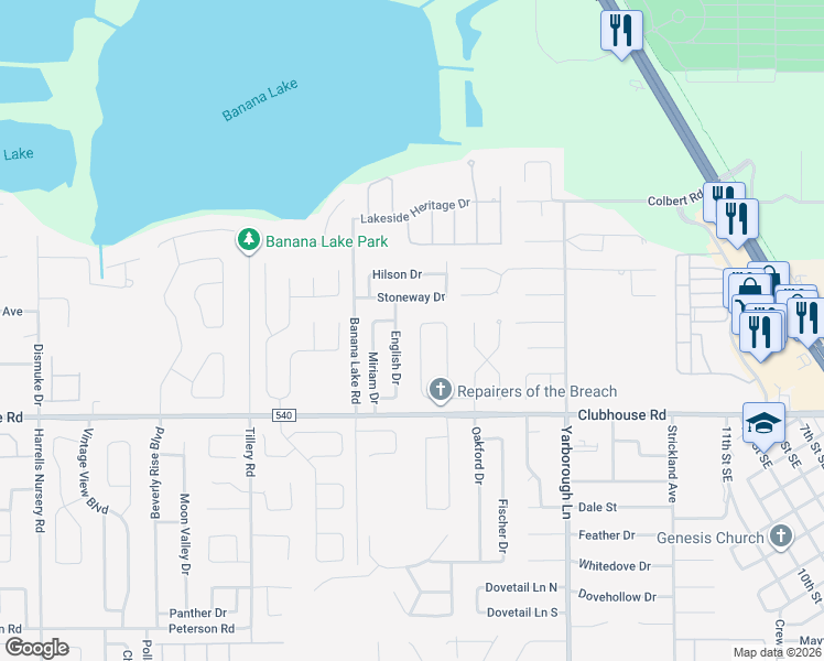 map of restaurants, bars, coffee shops, grocery stores, and more near 5225 Nichols Drive West in Lakeland