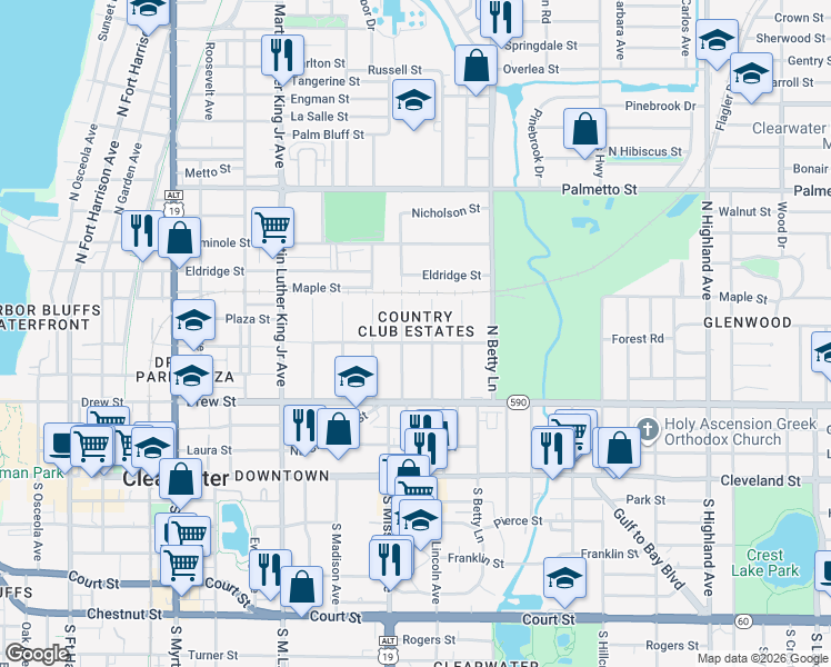 map of restaurants, bars, coffee shops, grocery stores, and more near 1218 Jackson Road in Clearwater