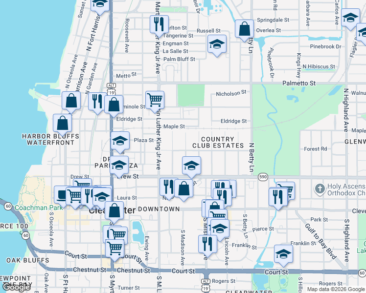 map of restaurants, bars, coffee shops, grocery stores, and more near 404 North Madison Avenue in Clearwater