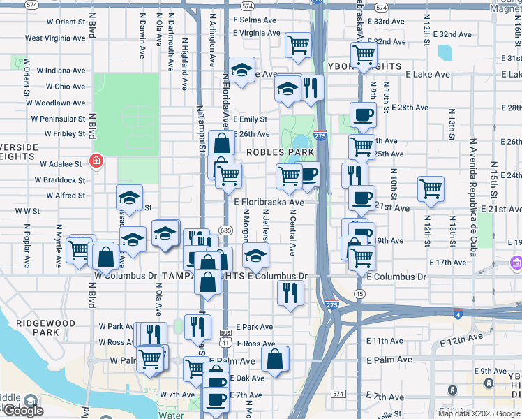 map of restaurants, bars, coffee shops, grocery stores, and more near 2910 North Jefferson Street in Tampa