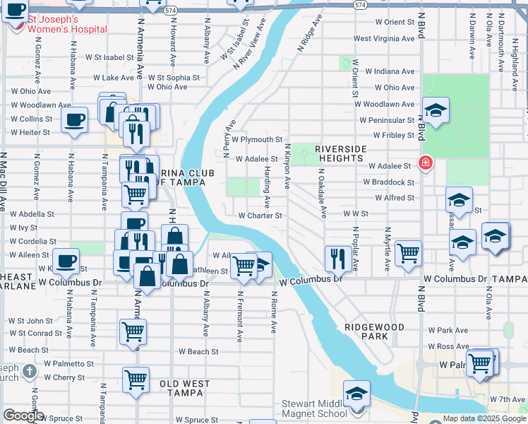 map of restaurants, bars, coffee shops, grocery stores, and more near 1201 West Charter Street in Tampa