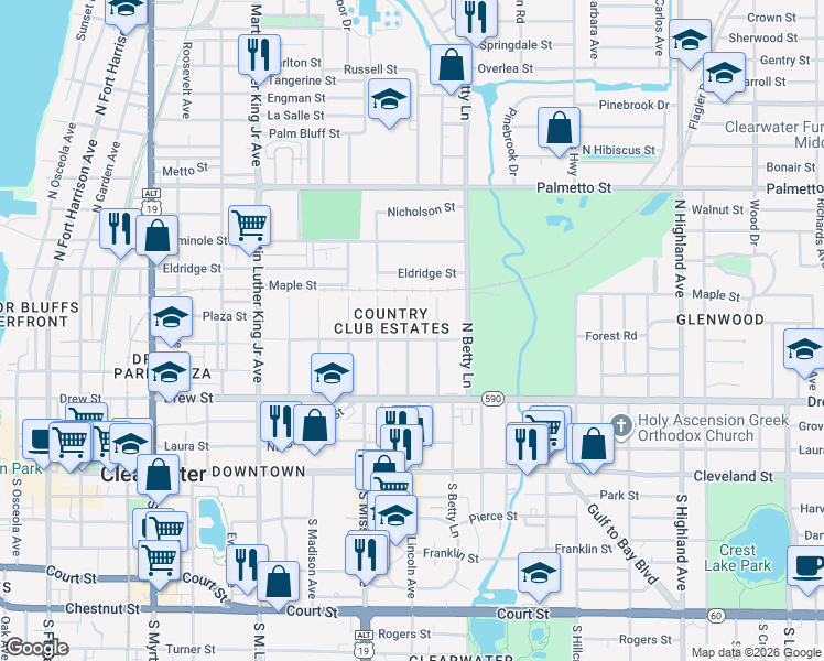 map of restaurants, bars, coffee shops, grocery stores, and more near 1218 Jackson Road in Clearwater