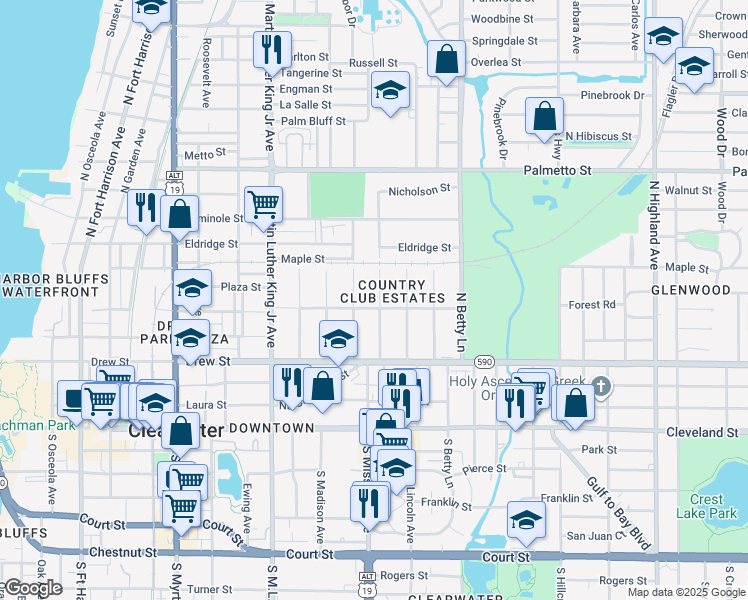 map of restaurants, bars, coffee shops, grocery stores, and more near 1170 Jackson Road in Clearwater