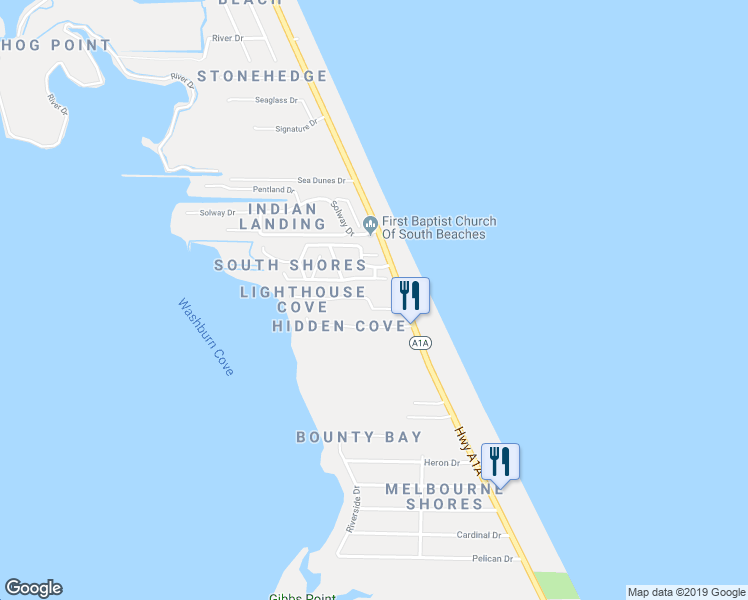 map of restaurants, bars, coffee shops, grocery stores, and more near 106 Casseekee Trail in Melbourne Beach