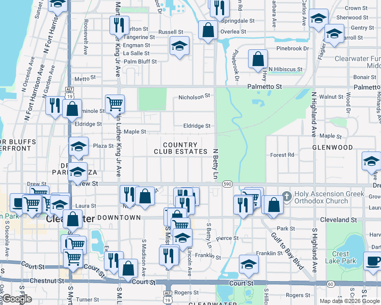 map of restaurants, bars, coffee shops, grocery stores, and more near 1218 Jackson Road in Clearwater