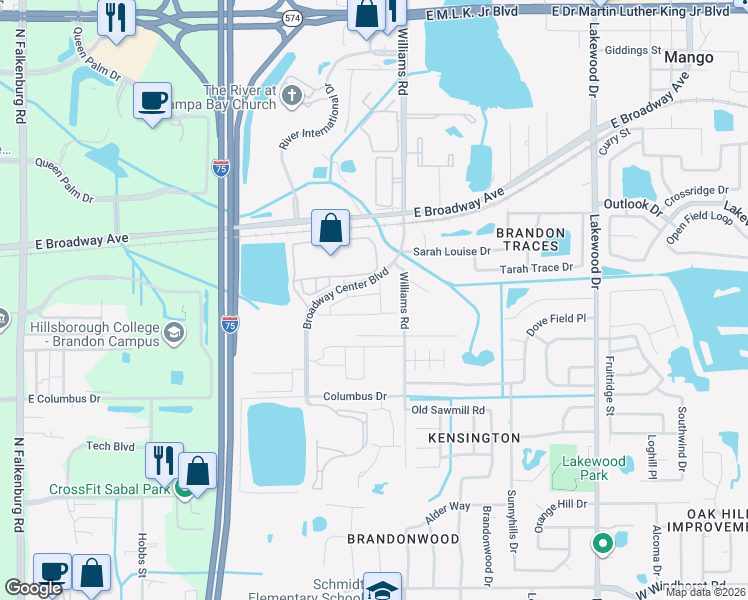 map of restaurants, bars, coffee shops, grocery stores, and more near 3014 Old Fulton Place in Brandon