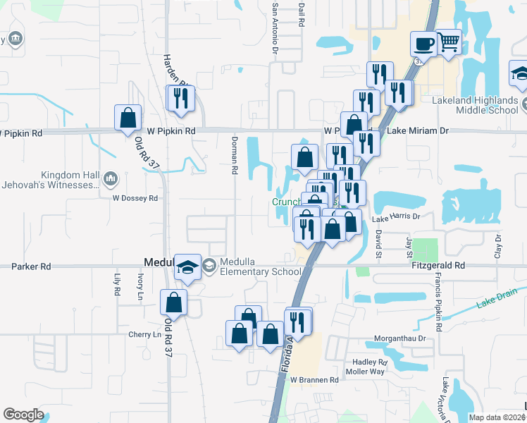 map of restaurants, bars, coffee shops, grocery stores, and more near 5221 Serrento Court in Lakeland
