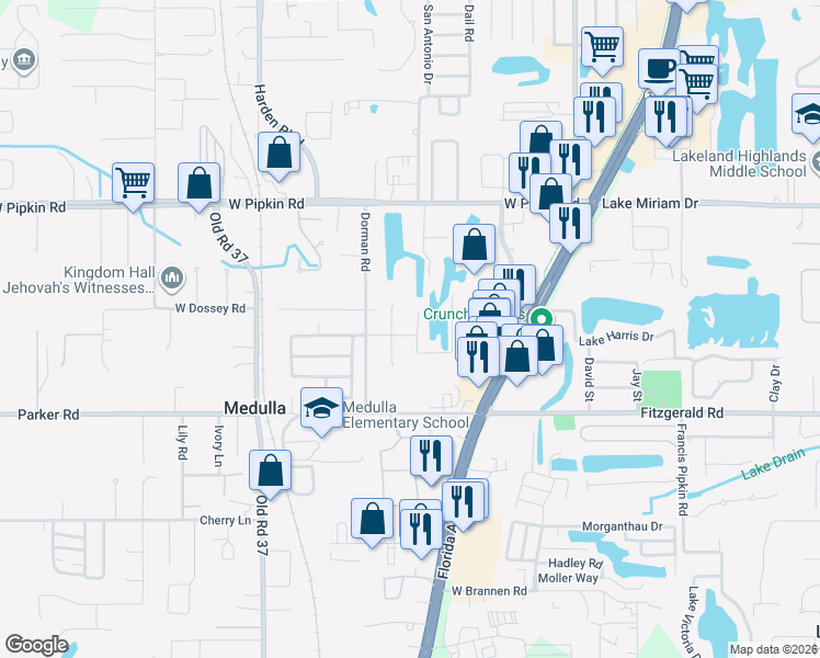 map of restaurants, bars, coffee shops, grocery stores, and more near 5221 Serrento Court in Lakeland