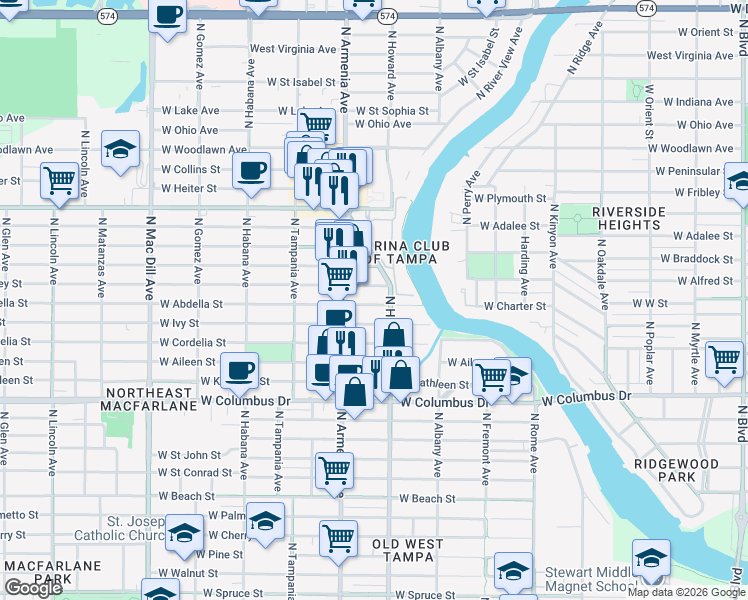 map of restaurants, bars, coffee shops, grocery stores, and more near 2309 West Abdella Street in Tampa