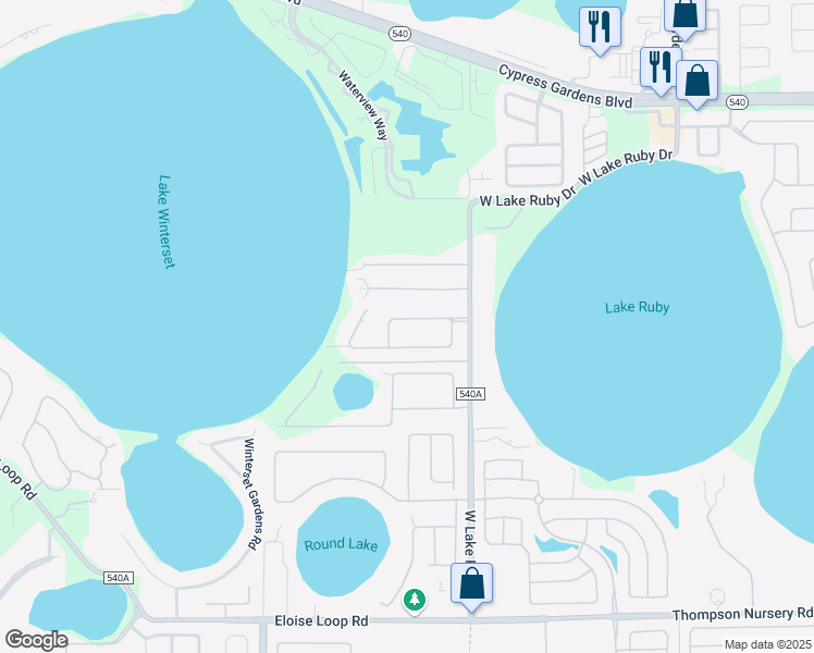 map of restaurants, bars, coffee shops, grocery stores, and more near 9511 Waterford Oaks Boulevard in Winter Haven