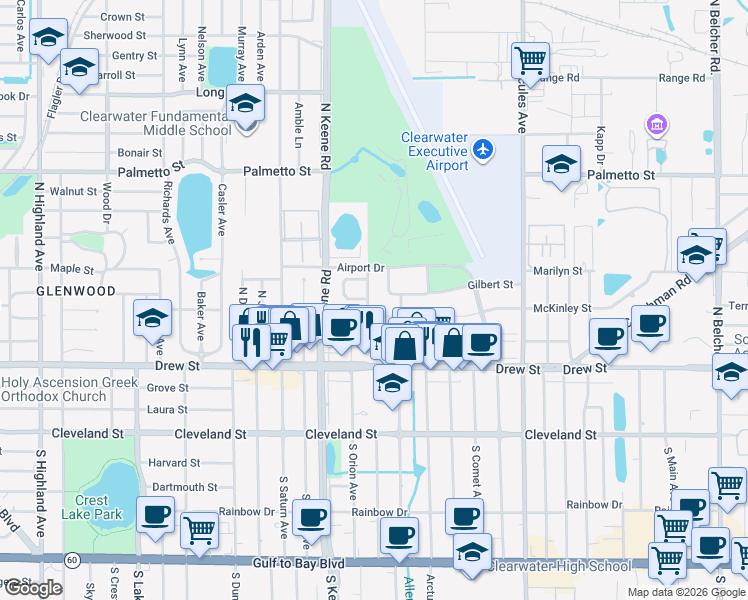 map of restaurants, bars, coffee shops, grocery stores, and more near 419 Feather Tree Drive in Clearwater