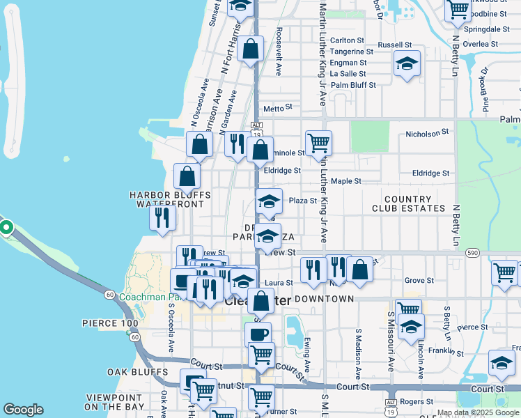 map of restaurants, bars, coffee shops, grocery stores, and more near 804 Hart Street in Clearwater
