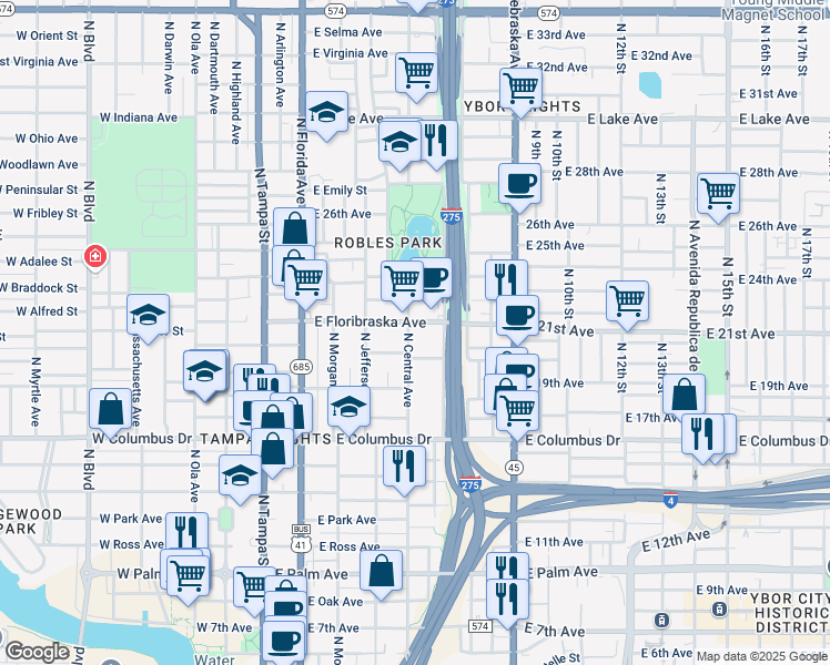 map of restaurants, bars, coffee shops, grocery stores, and more near 2911 North Central Avenue in Tampa