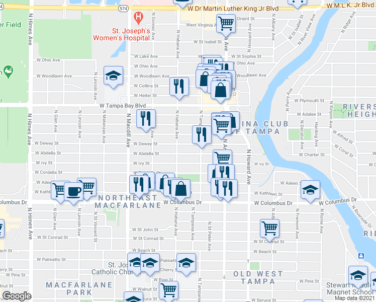 map of restaurants, bars, coffee shops, grocery stores, and more near 2713 West Abdella Street in Tampa