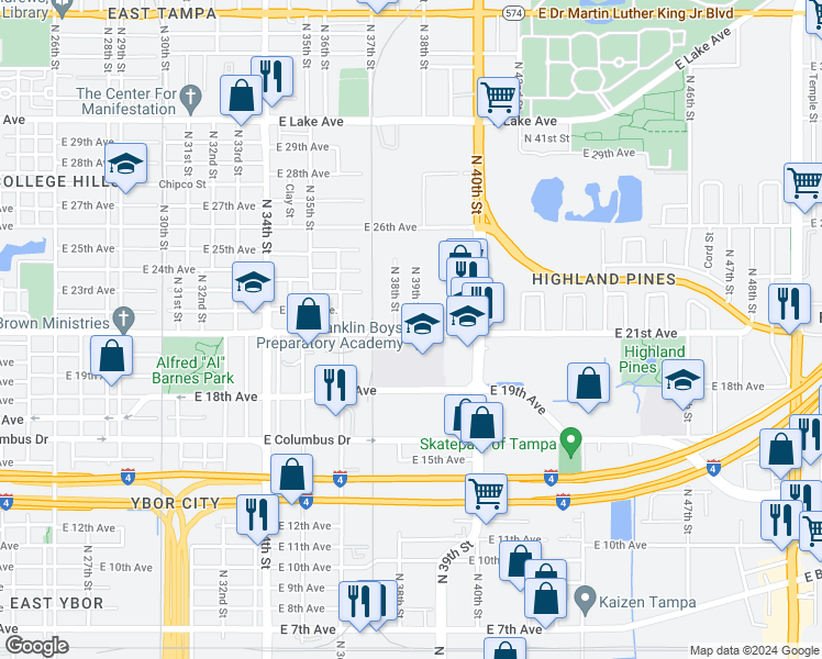 map of restaurants, bars, coffee shops, grocery stores, and more near 3808 East 21st Avenue in Tampa