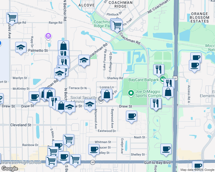 map of restaurants, bars, coffee shops, grocery stores, and more near 2340 Lorena Lane in Clearwater