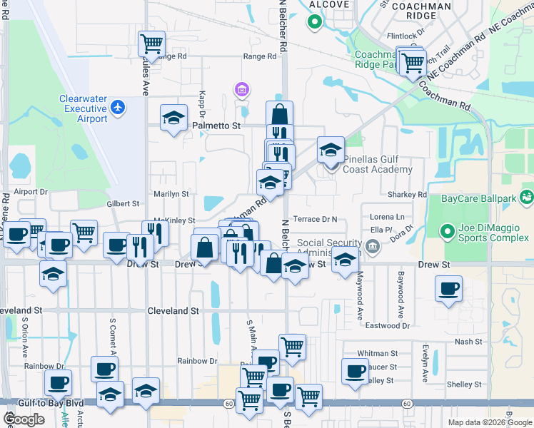 map of restaurants, bars, coffee shops, grocery stores, and more near 2173 Northeast Coachman Road in Clearwater