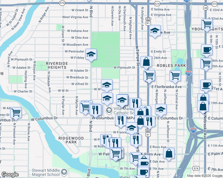 map of restaurants, bars, coffee shops, grocery stores, and more near 400 West West Street in Tampa