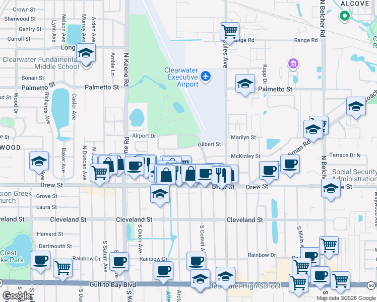 map of restaurants, bars, coffee shops, grocery stores, and more near 1917 Gilbert Street in Clearwater