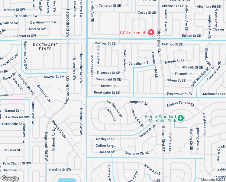 map of restaurants, bars, coffee shops, grocery stores, and more near 211 Breakwater Street Southeast in Palm Bay