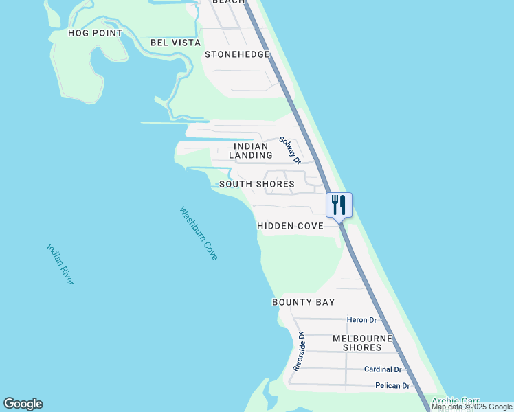 map of restaurants, bars, coffee shops, grocery stores, and more near 190 Casseekee Trail in Melbourne Beach