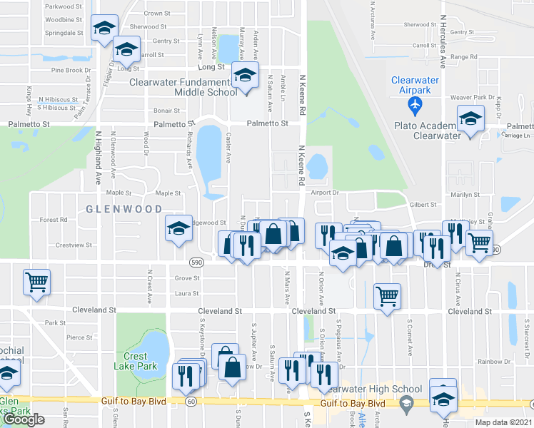 map of restaurants, bars, coffee shops, grocery stores, and more near 407 North Jupiter Avenue in Clearwater