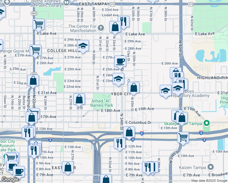 map of restaurants, bars, coffee shops, grocery stores, and more near 3302 North 33rd Street in Tampa