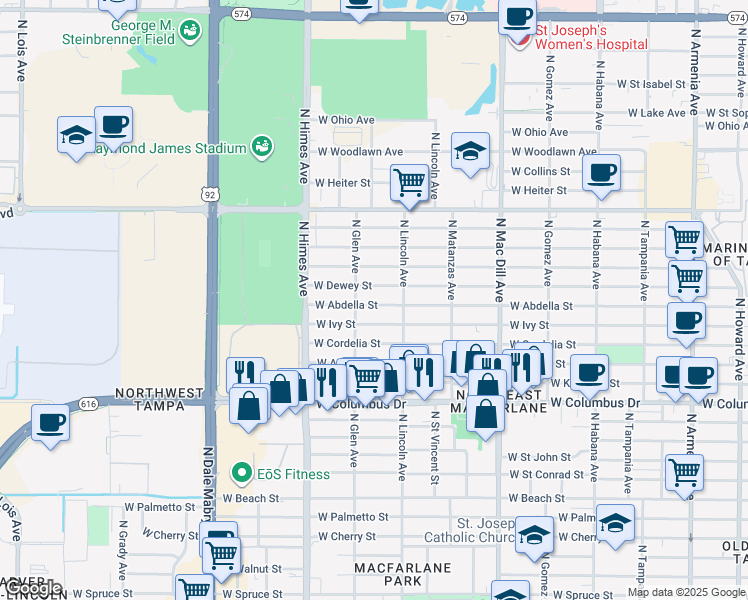 map of restaurants, bars, coffee shops, grocery stores, and more near 3315 West Abdella Street in Tampa
