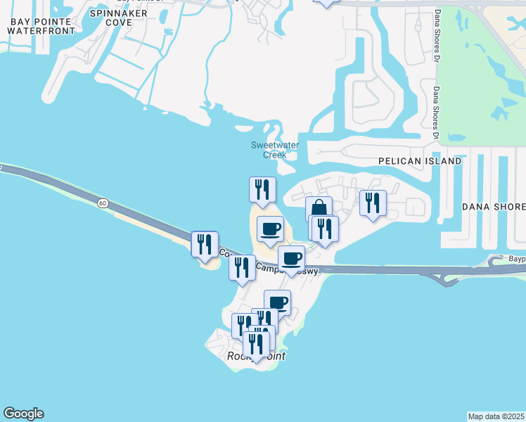 map of restaurants, bars, coffee shops, grocery stores, and more near 3050 North Rocky Point Drive West in Tampa
