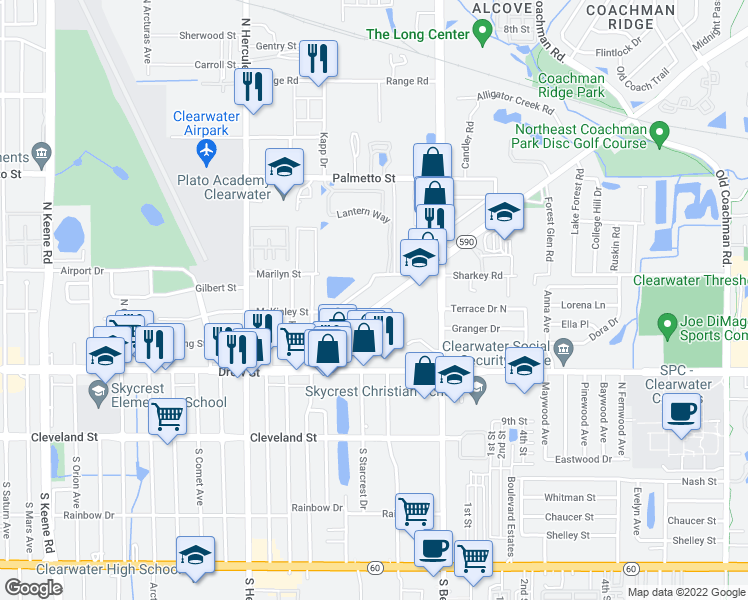 map of restaurants, bars, coffee shops, grocery stores, and more near 2152 Northeast Coachman Road in Clearwater