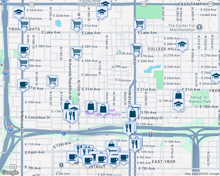 map of restaurants, bars, coffee shops, grocery stores, and more near 1806 East 21st Avenue in Tampa