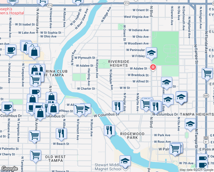 map of restaurants, bars, coffee shops, grocery stores, and more near 1009 West Coral Street in Tampa