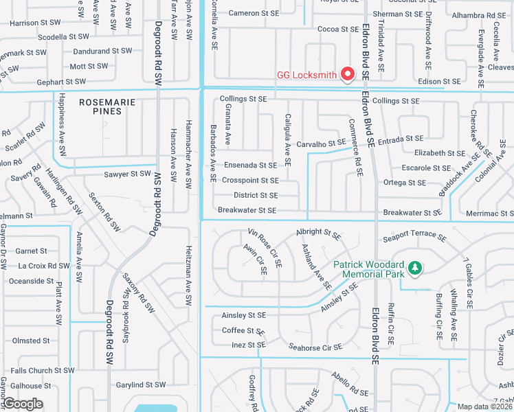 map of restaurants, bars, coffee shops, grocery stores, and more near 201 Breakwater Street Southeast in Palm Bay