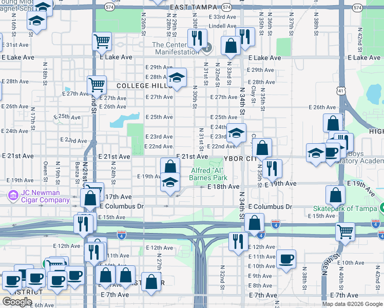 map of restaurants, bars, coffee shops, grocery stores, and more near 2922 East 21st Avenue in Tampa