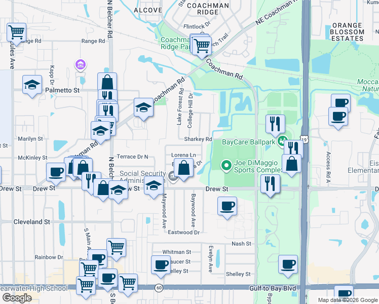 map of restaurants, bars, coffee shops, grocery stores, and more near 2340 Lorena Lane in Clearwater