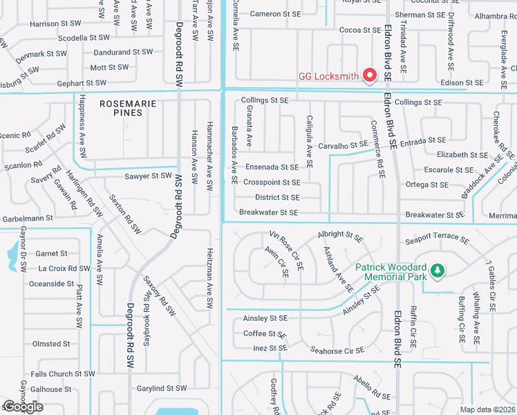 map of restaurants, bars, coffee shops, grocery stores, and more near 151 Breakwater Street Southeast in Palm Bay