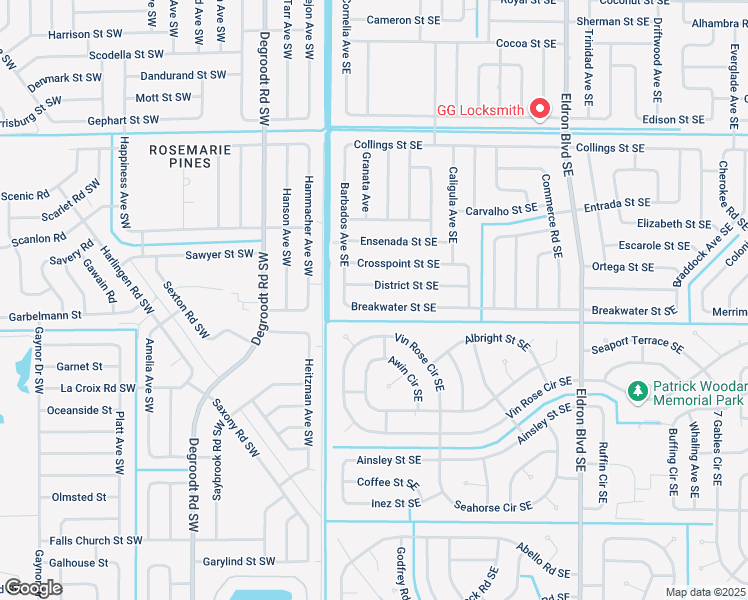 map of restaurants, bars, coffee shops, grocery stores, and more near 141 Breakwater Street Southeast in Palm Bay
