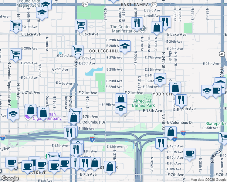 map of restaurants, bars, coffee shops, grocery stores, and more near 2616 East 21st Avenue in Tampa