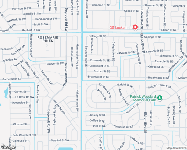 map of restaurants, bars, coffee shops, grocery stores, and more near 141 Breakwater Street Southeast in Palm Bay