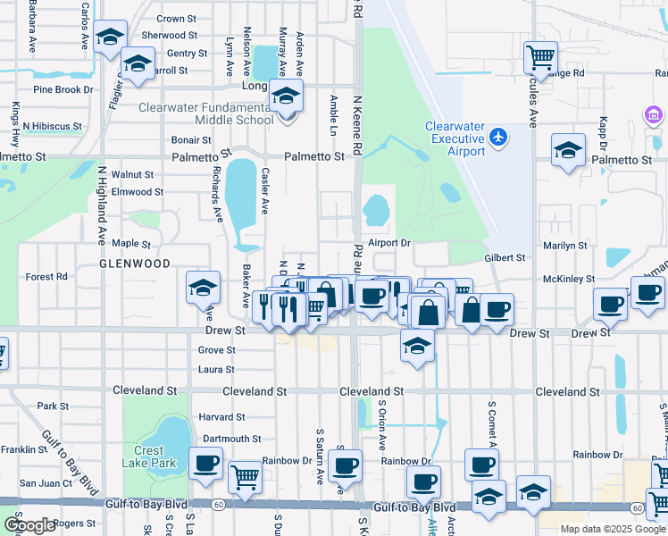 map of restaurants, bars, coffee shops, grocery stores, and more near 408 North Mars Avenue in Clearwater