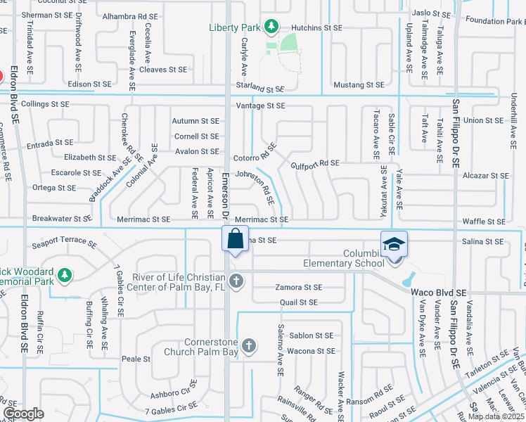 map of restaurants, bars, coffee shops, grocery stores, and more near 931 Merrimac Street Southeast in Palm Bay