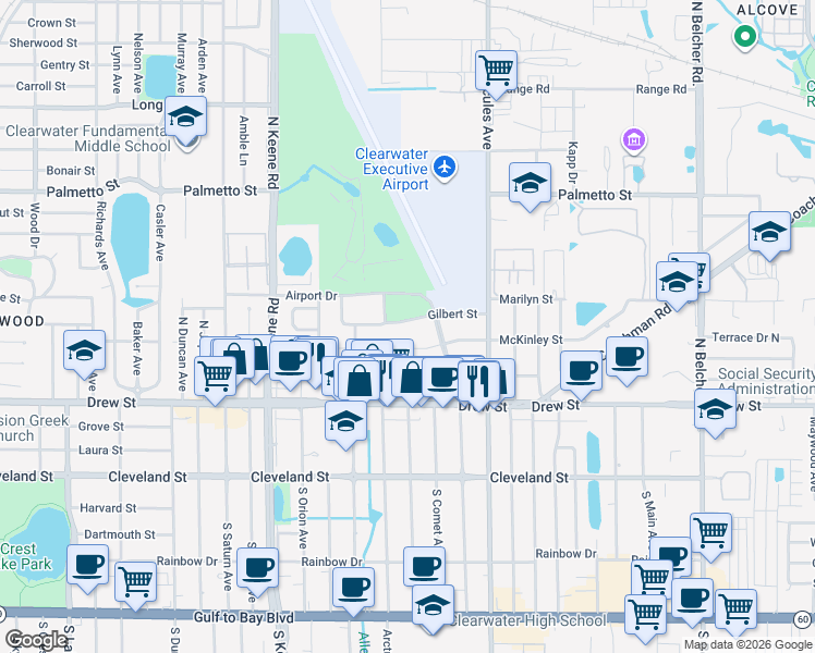 map of restaurants, bars, coffee shops, grocery stores, and more near 1917 Gilbert Street in Clearwater
