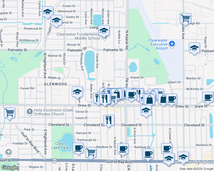 map of restaurants, bars, coffee shops, grocery stores, and more near 407 North Jupiter Avenue in Clearwater