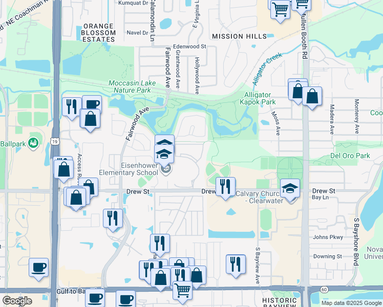 map of restaurants, bars, coffee shops, grocery stores, and more near 2900 Drew Street in Clearwater