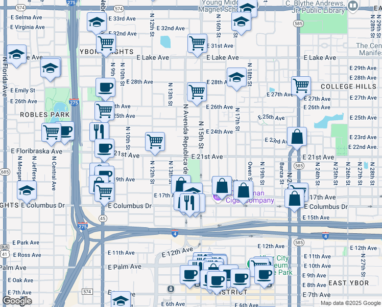 map of restaurants, bars, coffee shops, grocery stores, and more near 1316 Holmes Avenue in Tampa
