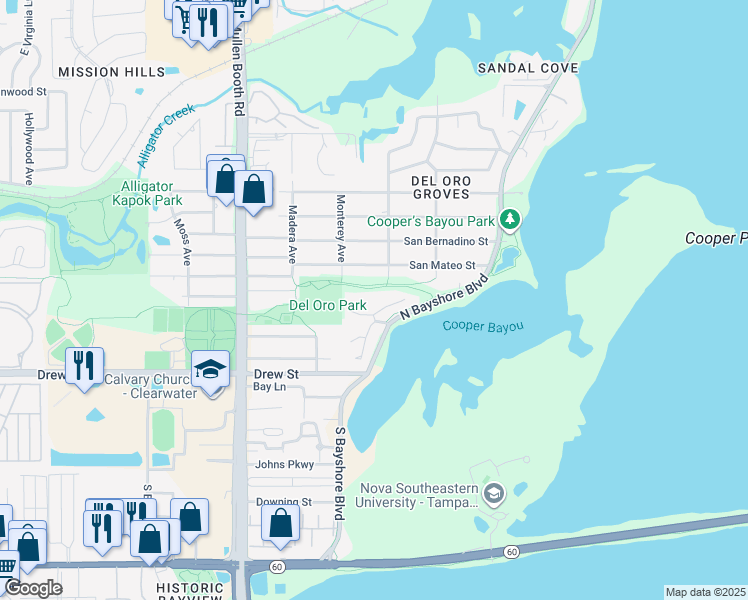 map of restaurants, bars, coffee shops, grocery stores, and more near 316 North Bayshore Boulevard in Clearwater