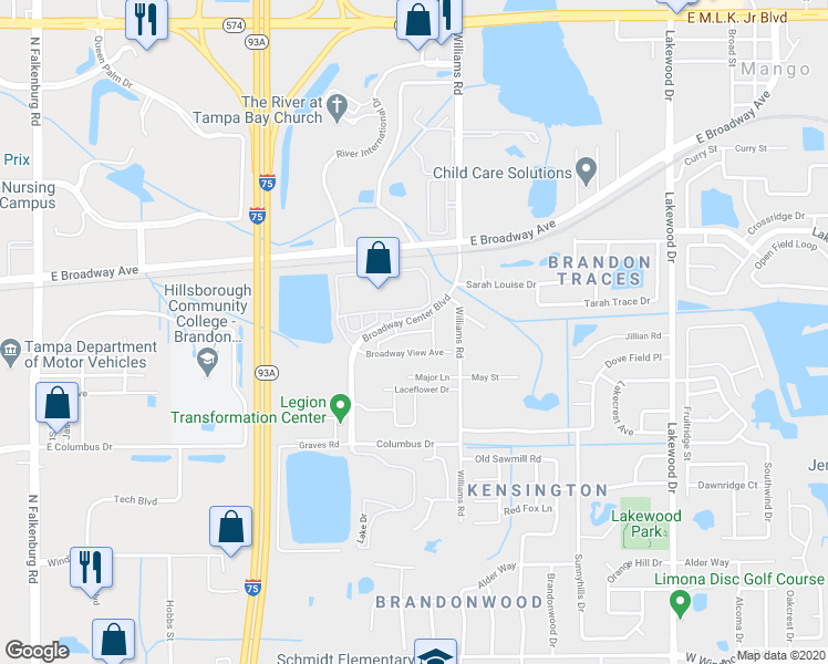 map of restaurants, bars, coffee shops, grocery stores, and more near 3063 Broadway Center Boulevard in Brandon